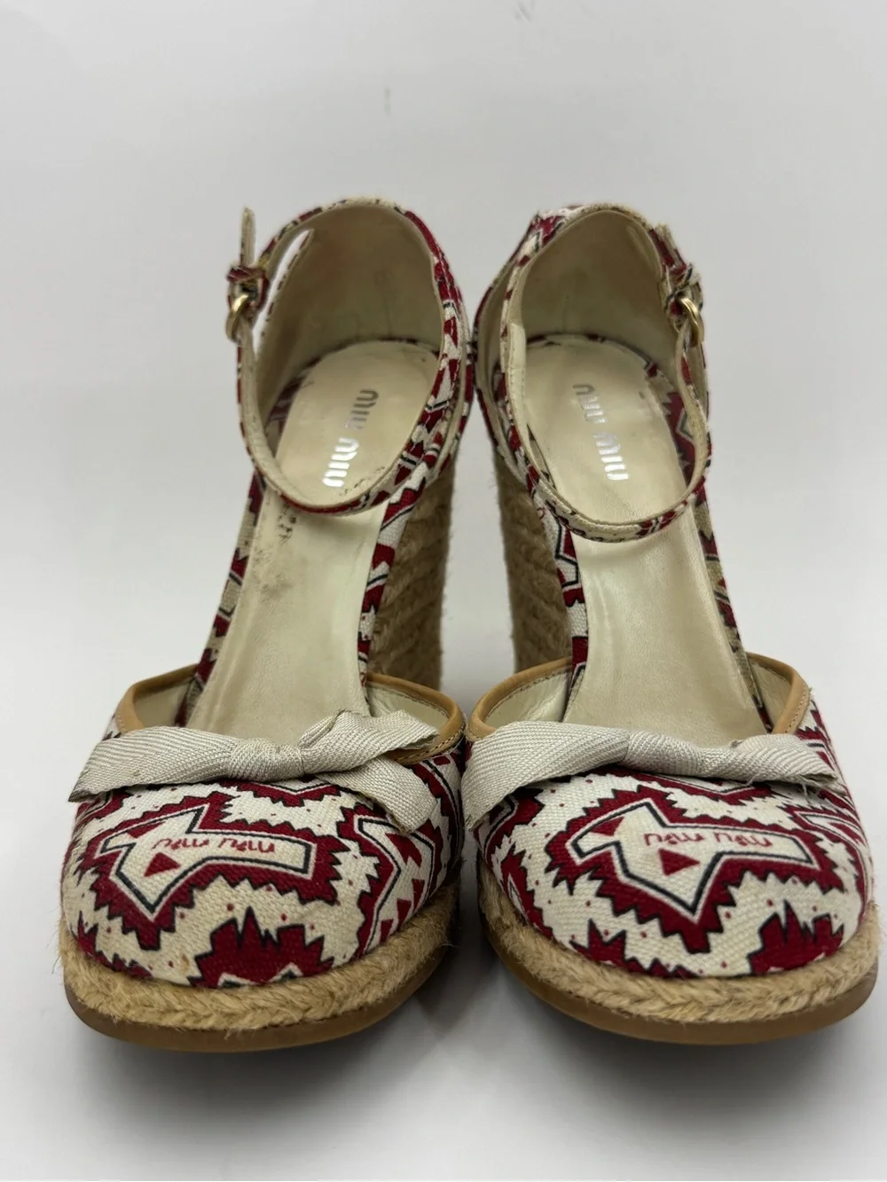 Miu Miu Slingback Wedge Espadrille Multicolor Logo Printed Canvas Ankle Strap 37